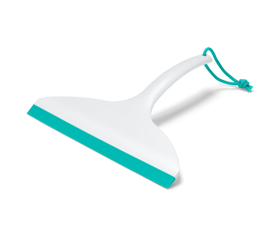 Weißer Badwischer mit türkisfarbener Gummilippe und Kordel.