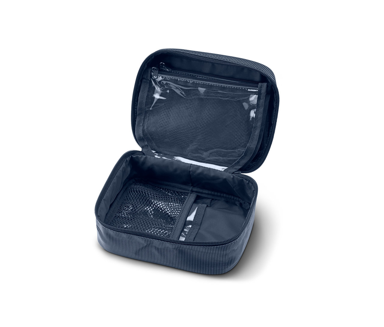 Geöffnete blaue Kosmetiktasche mit durchsichtiger Reißverschlusstasche innen.