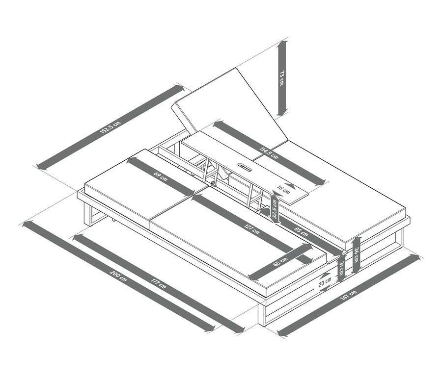 Abbildung eines Daybeds mit hochklappbarem Mitteltablett und Bemaßungen.