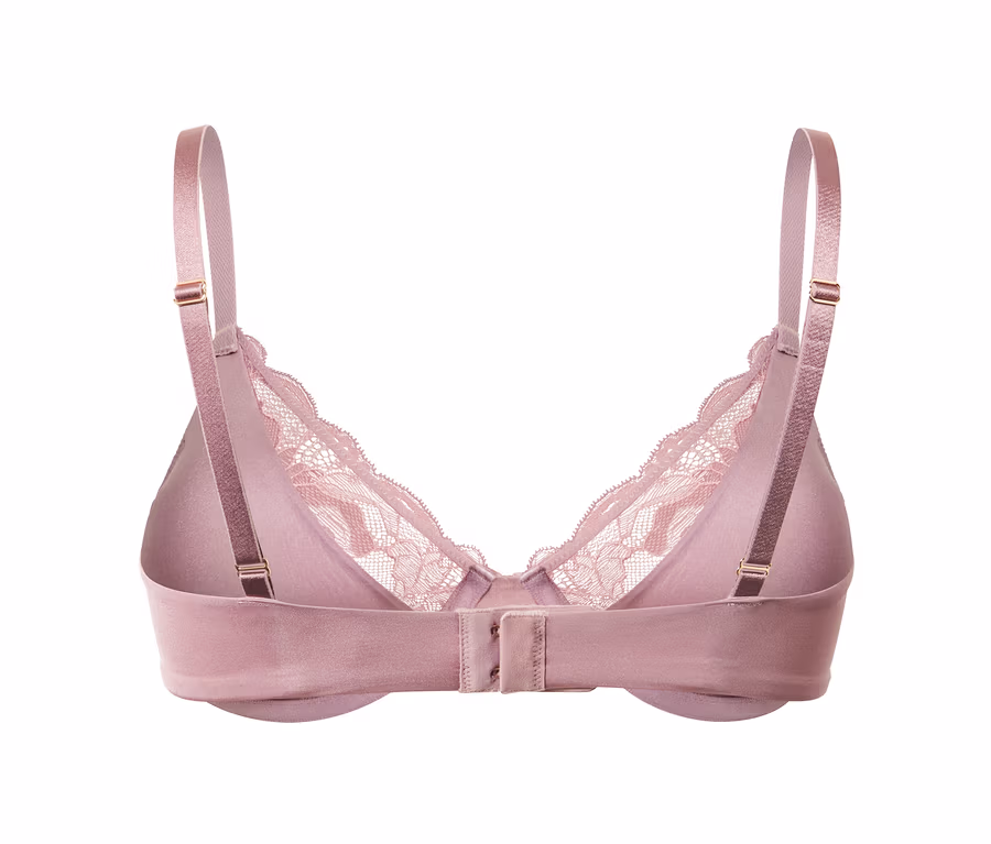 Detailaufnahme von der Rückseite eines roséfarbenen Bügel-BHs mit Spitzendetails.
