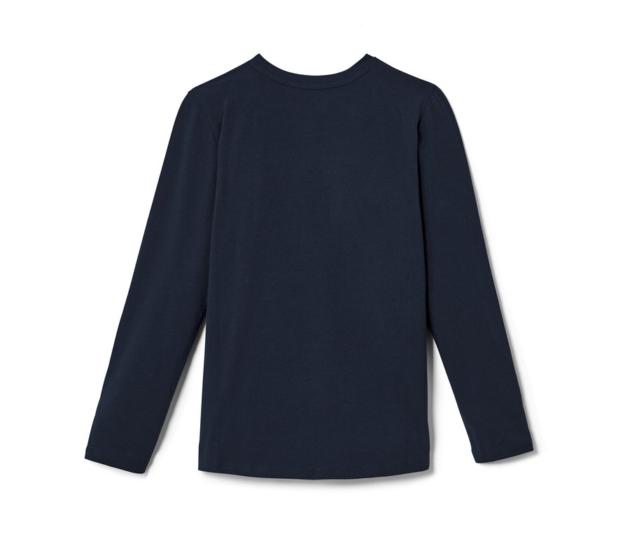 Ein marineblaues Kinder-Langarmshirt mit Wendepailletten liegt.
