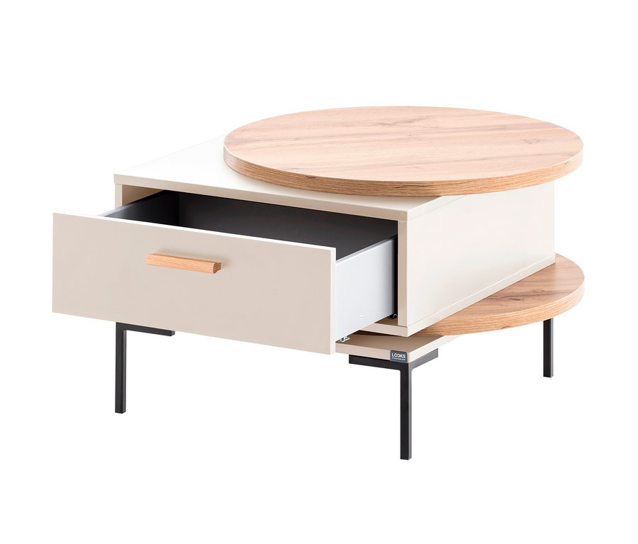 Beiger Couchtisch mit offener Schublade, runder Tischplatte und schwarzen Beinen. LOOKS by Wolfgang Joop Couchtisch, beige.