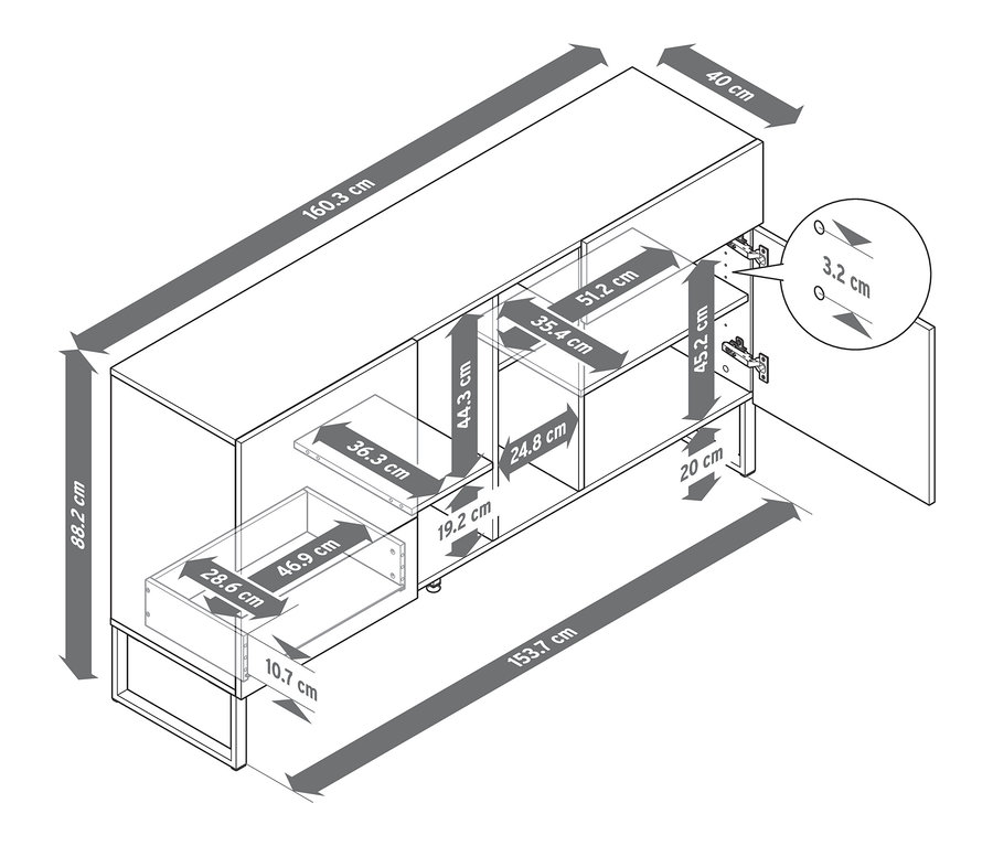 Abmessungen des halboffenen Sideboards mit Kufen.