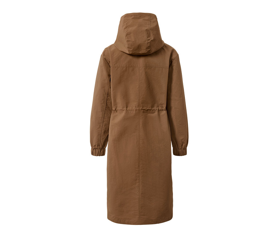 Brauner Parka mit Kapuze und Weste, Rückansicht.