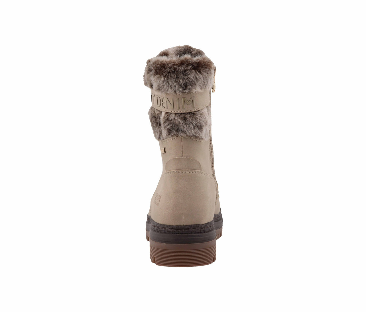 Beiger Winterstiefel mit Fellbesatz und Reißverschluss.