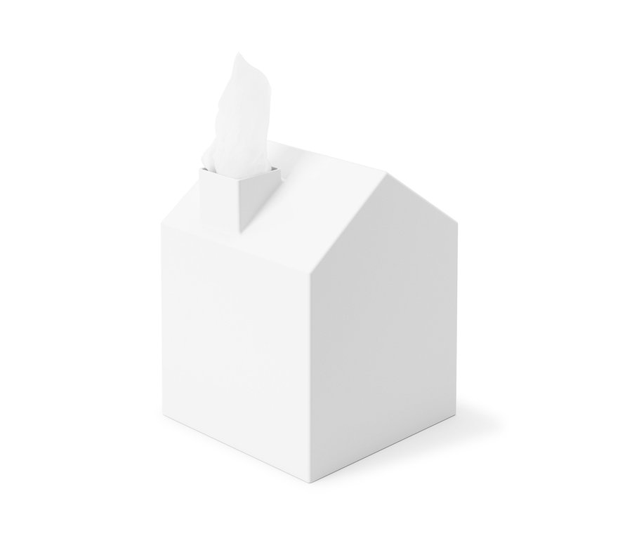 Weiße Kosmetiktücher-Box »Casa« in Hausform mit Taschentuch.