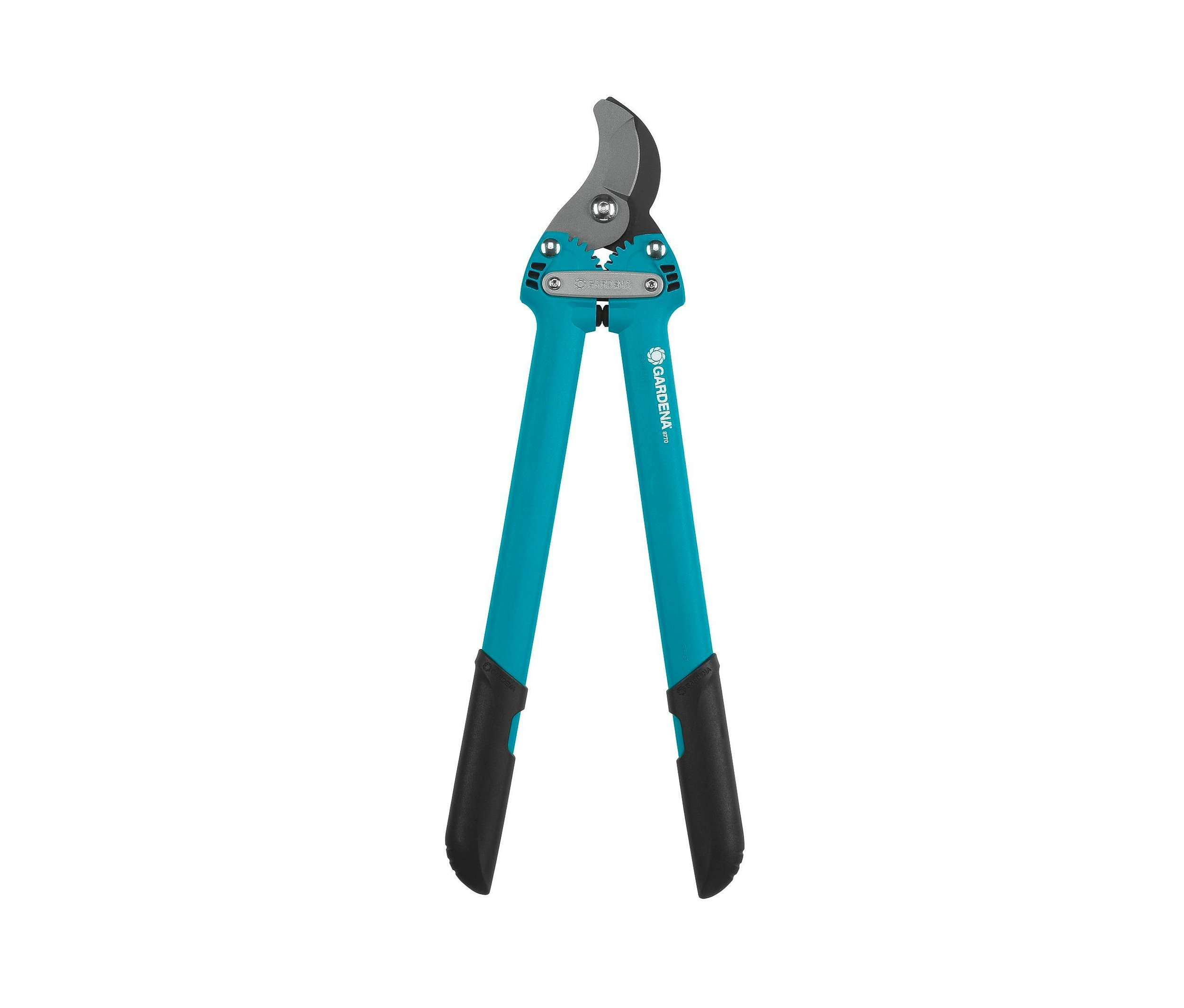 Nahaufnahme einer GARDENA Astschere »500 BL« mit blaugrünen Griffen und schwarzen Handgriffen.