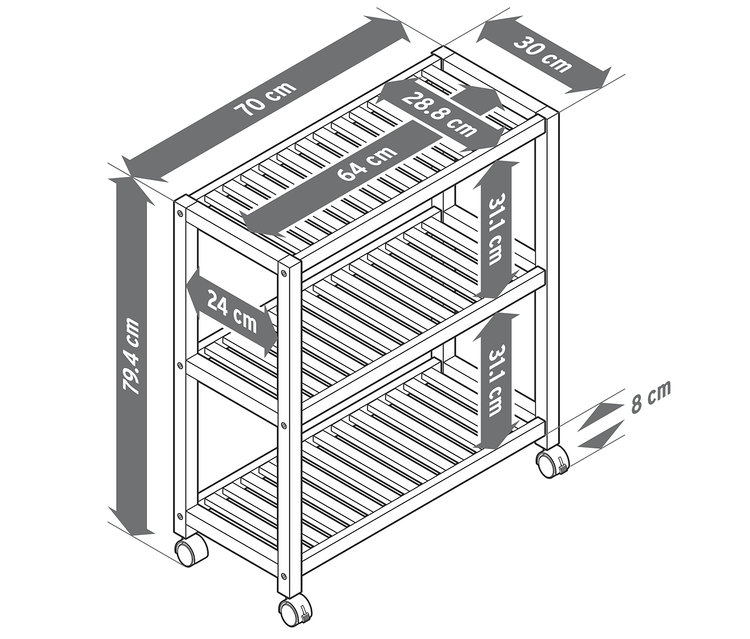 Illustration eines Massivholzregals mit Rollen und Maßangaben.