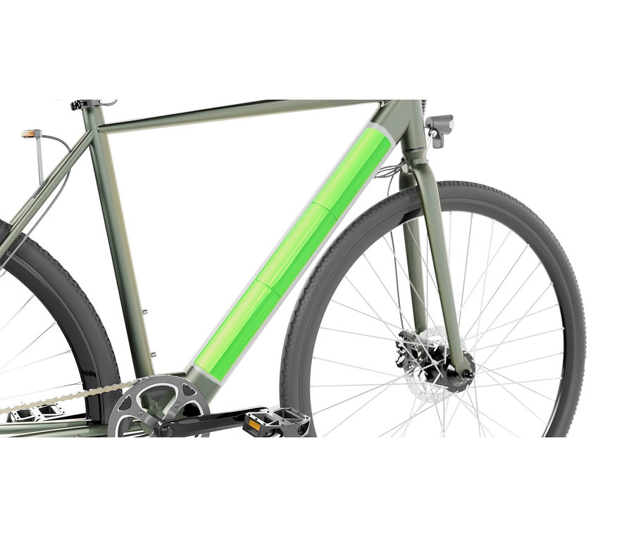 Detailaufnahme eines grünen E-Bikes mit schwarzen Reifen.
