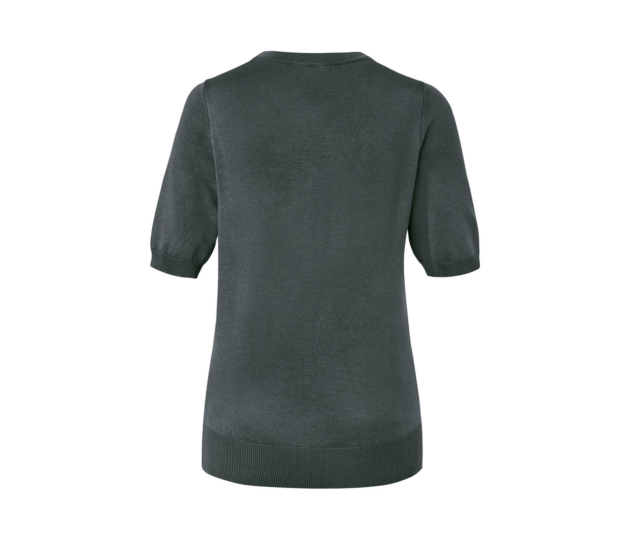 Rückansicht des grünen Feinstrickpullovers.