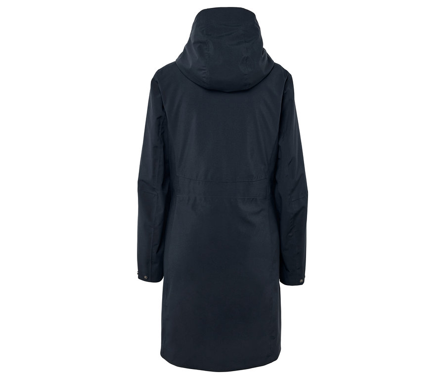 Dunkelblauer Mantel mit Kapuze von hinten.
