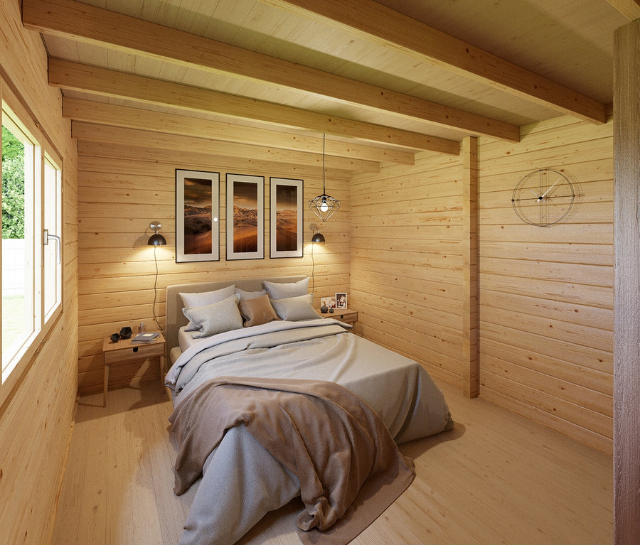 Schlafzimmer mit Bett, Nachttischen und Holzwänden.