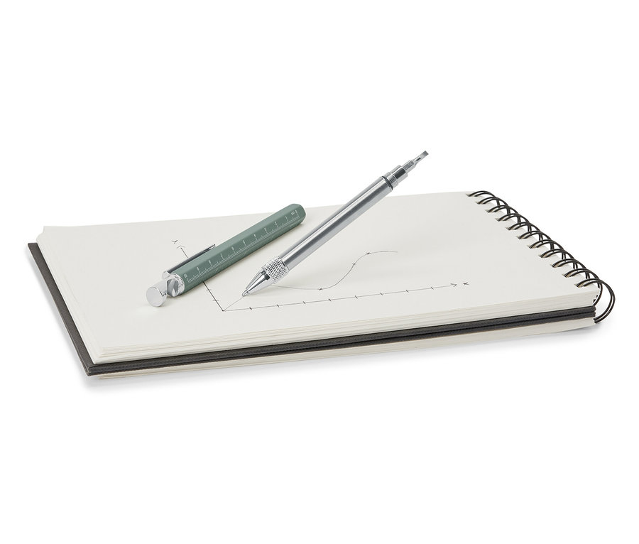 Ein grüner und ein silberner Multifunktionsstift liegen auf einem Notizblock.