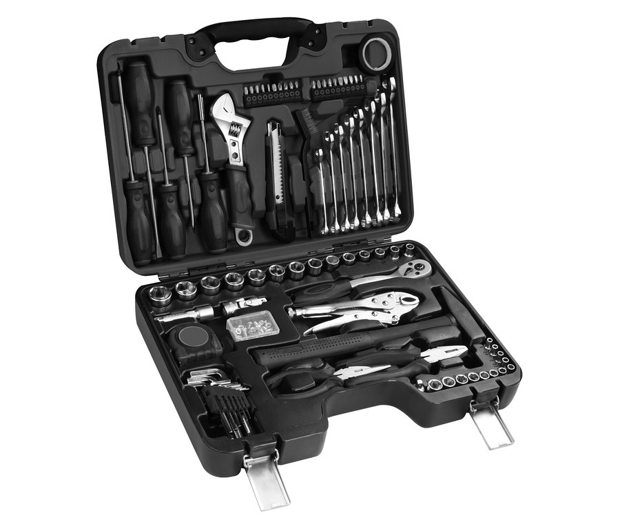 Ein geöffneter, schwarzer Werkzeugkoffer »Manos 82« von FEISTOS.