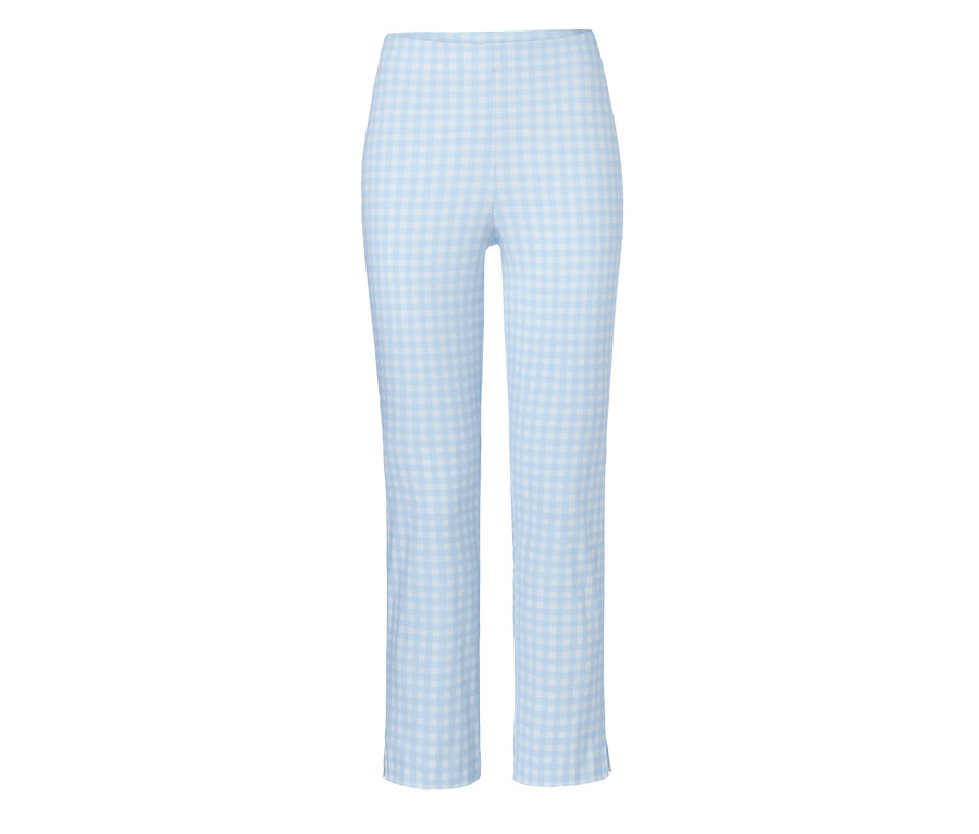 Eine hellblau-weiße 7/8-Stretchhose mit Karomuster.