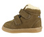 Ein olivgrüner LURCHI »Felix Barefoot-TEX« Kinderstiefel mit Fellfutter und Klettverschluss.