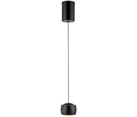 Schwarze Hängeleuchte mit zylindrischem Lampenschirm.