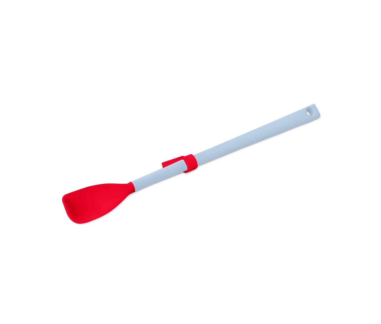 Ein roter Spezial-Silikonlöffel mit hellblauem Griff liegt diagonal auf weißem Hintergrund.