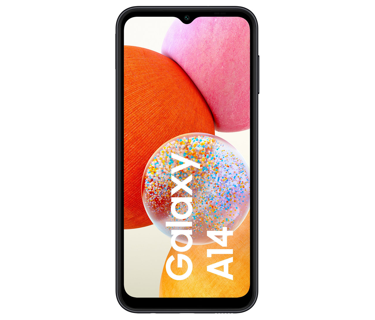 Schwarzes Samsung Galaxy A14 LTE 64 GB Handy mit farbigem Grafikdisplay.