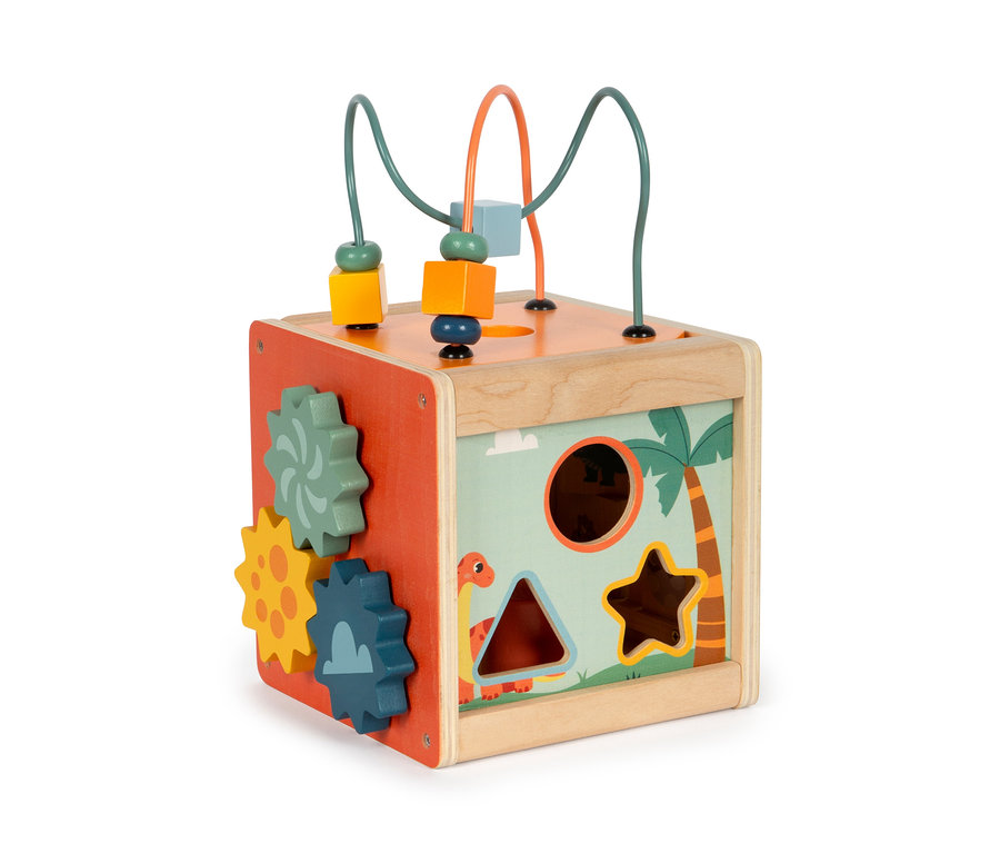 Würfel von small foot Motorik »Dino« mit Kugellabyrinth oben und Zahnrädern und Löchern an den Seiten.