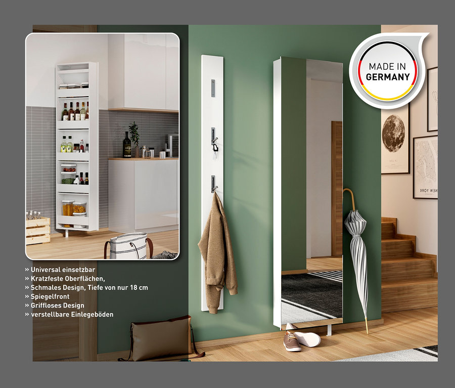 Drehschrank mit Ganzkörperspiegel und Hakenleiste an grüner Wand.