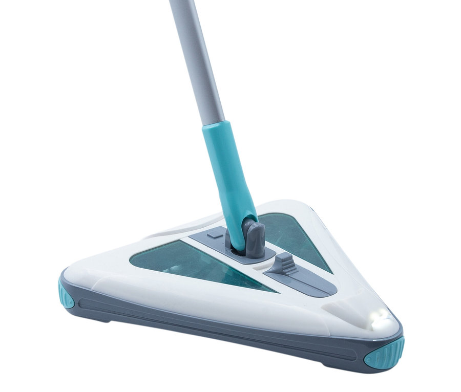 Ein weißer Akkubesen mit blaugrünen Akzenten.