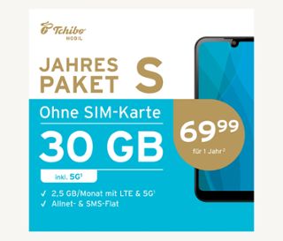 Werbung für Jahrespaket S mit 30 GB ohne SIM-Karte.