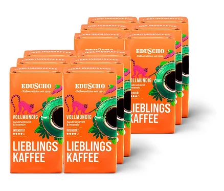 Stapel von Eduscho Lieblingskaffee 12x 500 g Packungen gemahlener Kaffee.