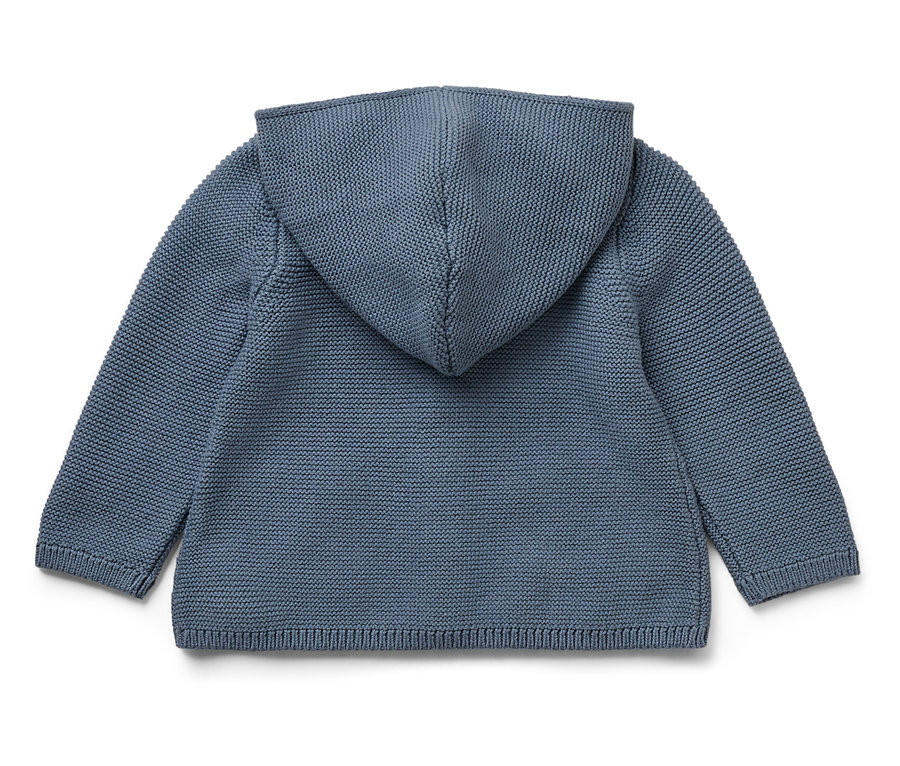 Blauer gestrickter Baby-Hoodie, Rückansicht.