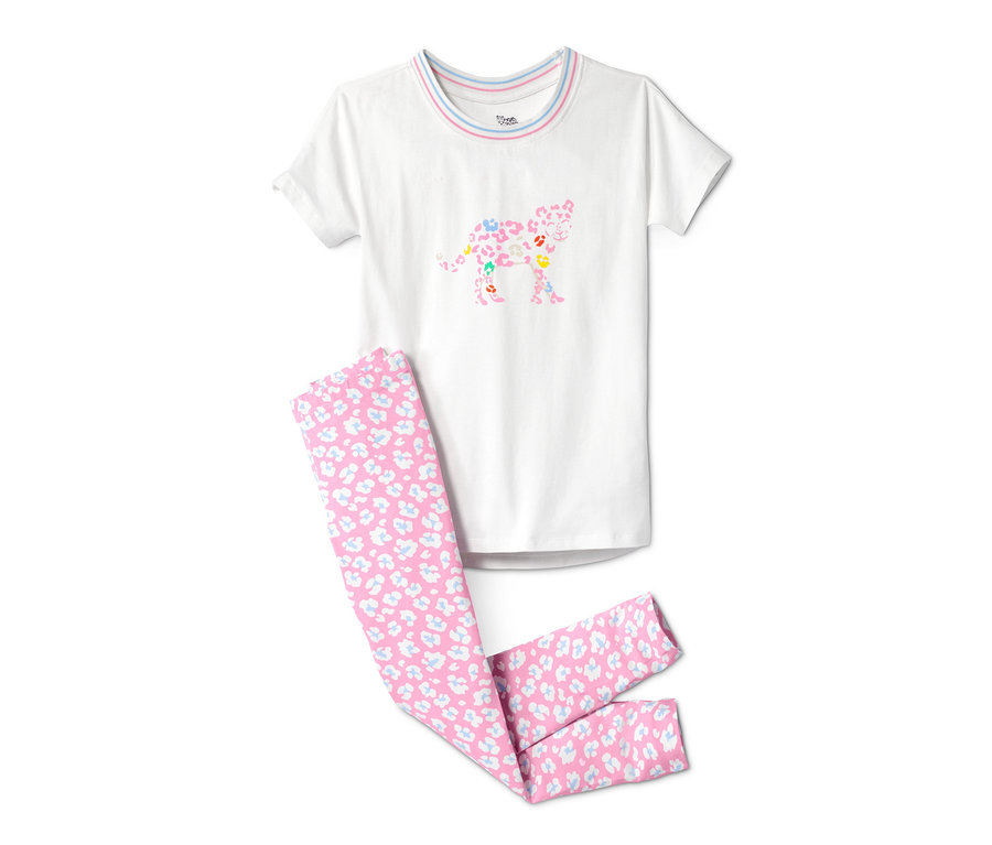 Weißer Kurzarm-Pyjama mit Leggings mit rosa-weißem Tiermuster.