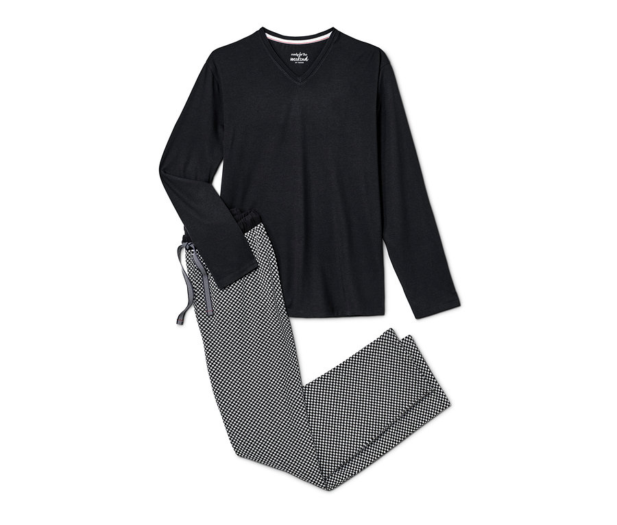 Schwarzer Pyjama mit Modal, langen Ärmeln und gemusterter Hose.