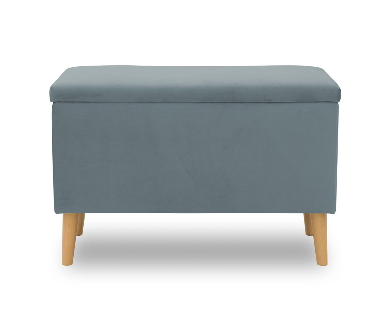 Hellblauer DOMO Hocker mit Staufach auf vier Beinen.