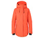 Orangefarbene Jacke mit Kapuze und schwarzen Details.