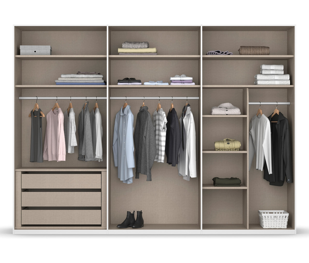 Offener rauch Kleiderschrank »Purisma« mit Spiegel, 6-türig, mit Kleidung und Schuhen darin.