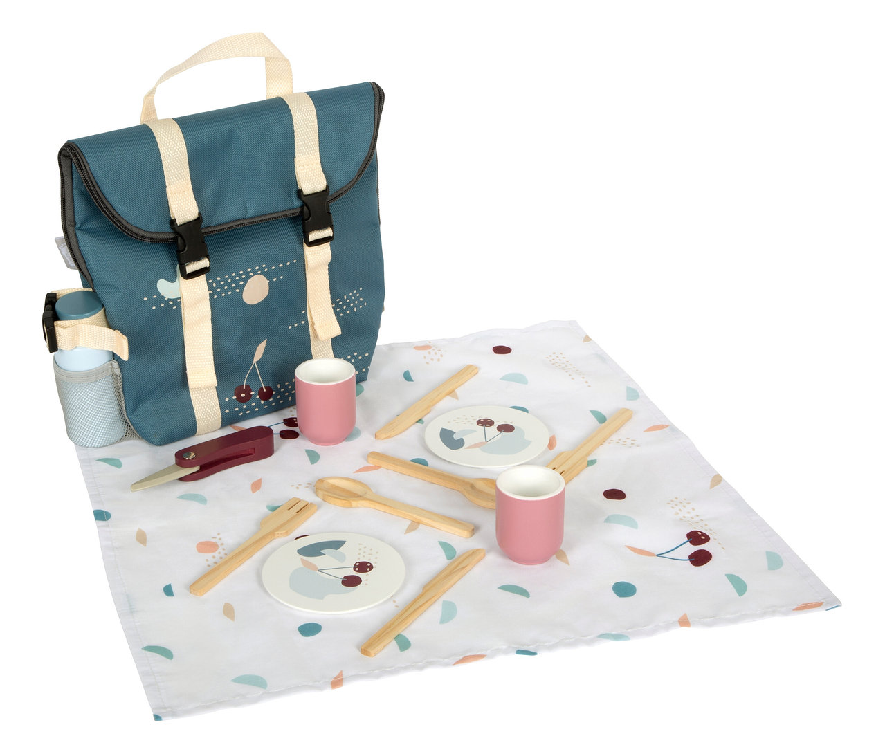 Blauer small foot Picknickrucksack »tasty« mit Geschirr und Picknickdecke mit Kirschmuster.