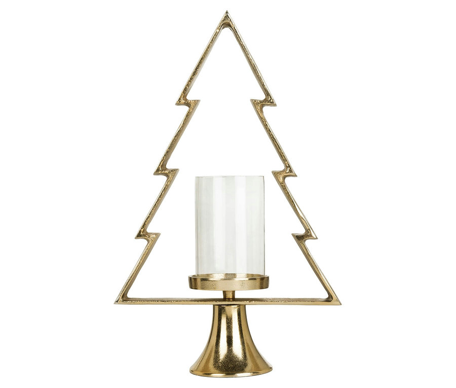 Goldener Christbaum-Kerzenständer mit zylindrischem Glaseinsatz.