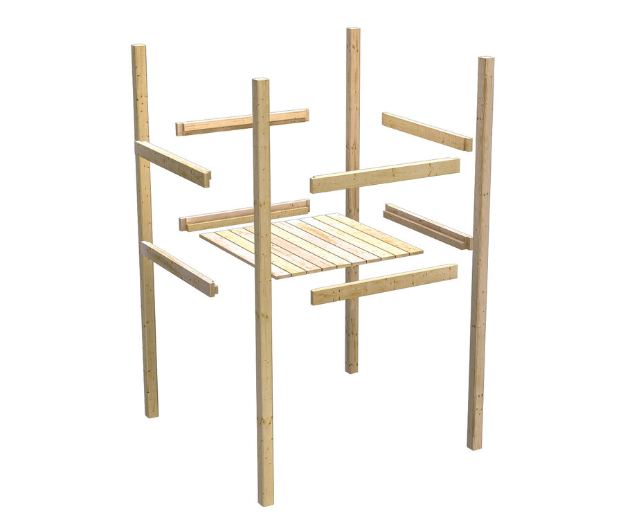 Unfertige Konstruktion des naturfarbenen Kinderspielhauses Karibu-Stelzenhaus »Benjamin«.