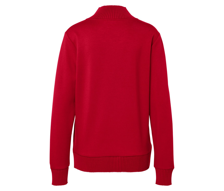 Rückansicht einer roten Sweatshirt-Jacke mit Reißverschluss.