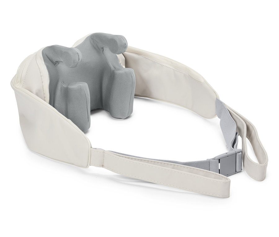 Ein weißer Nackengurt mit grauer Polsterung liegt auf einer weißen Oberfläche.