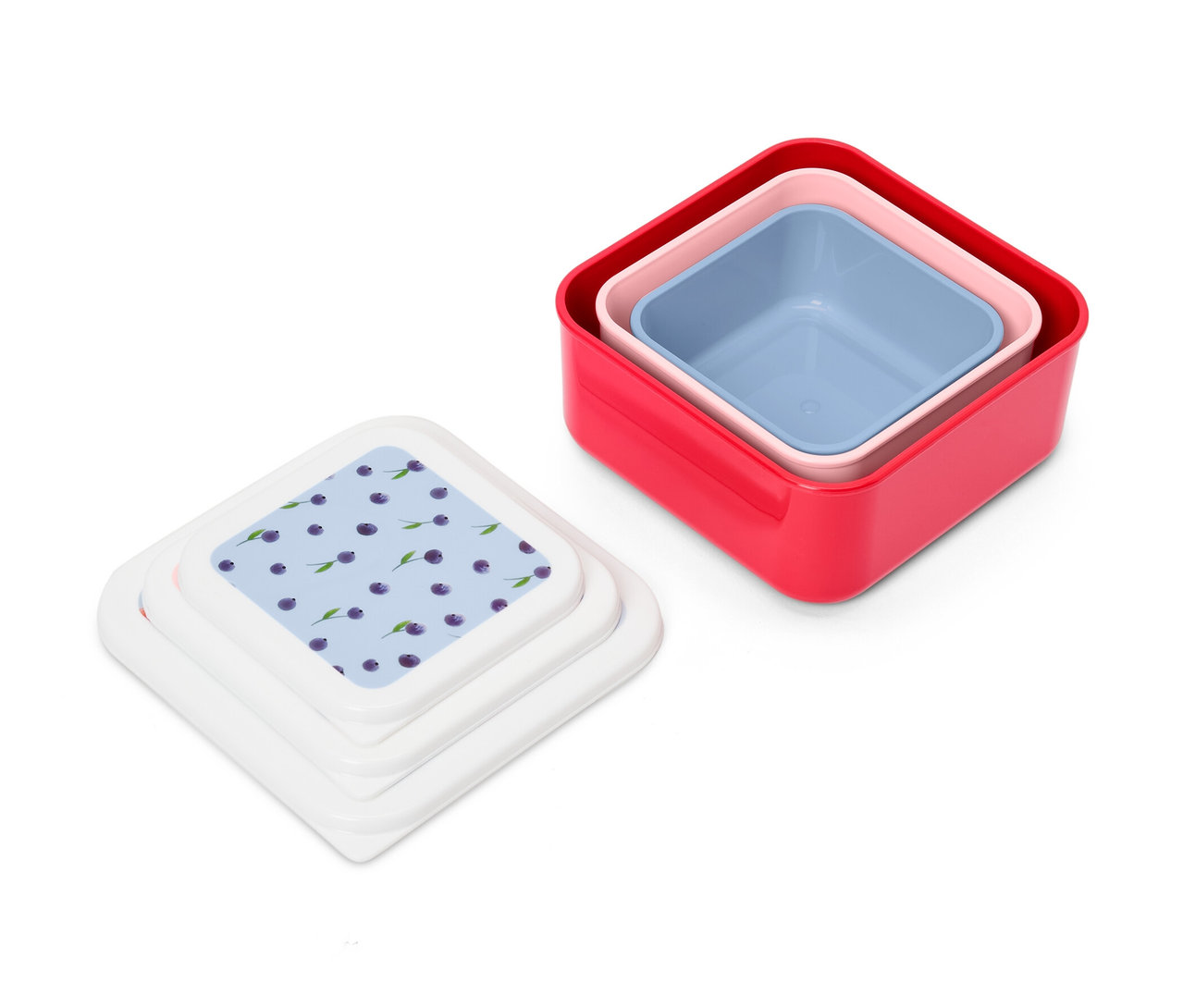 Drei Snackdosen: rot, rosa und blau. Daneben liegen drei Deckel mit Blaubeer-Muster.
