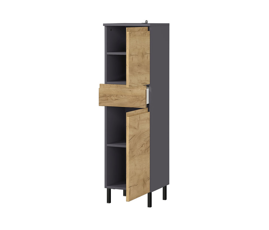 Hoher, schmaler graphitfarbener Schrank »Salinas«, klein, teilweise geöffnete Holztür und Schublade.