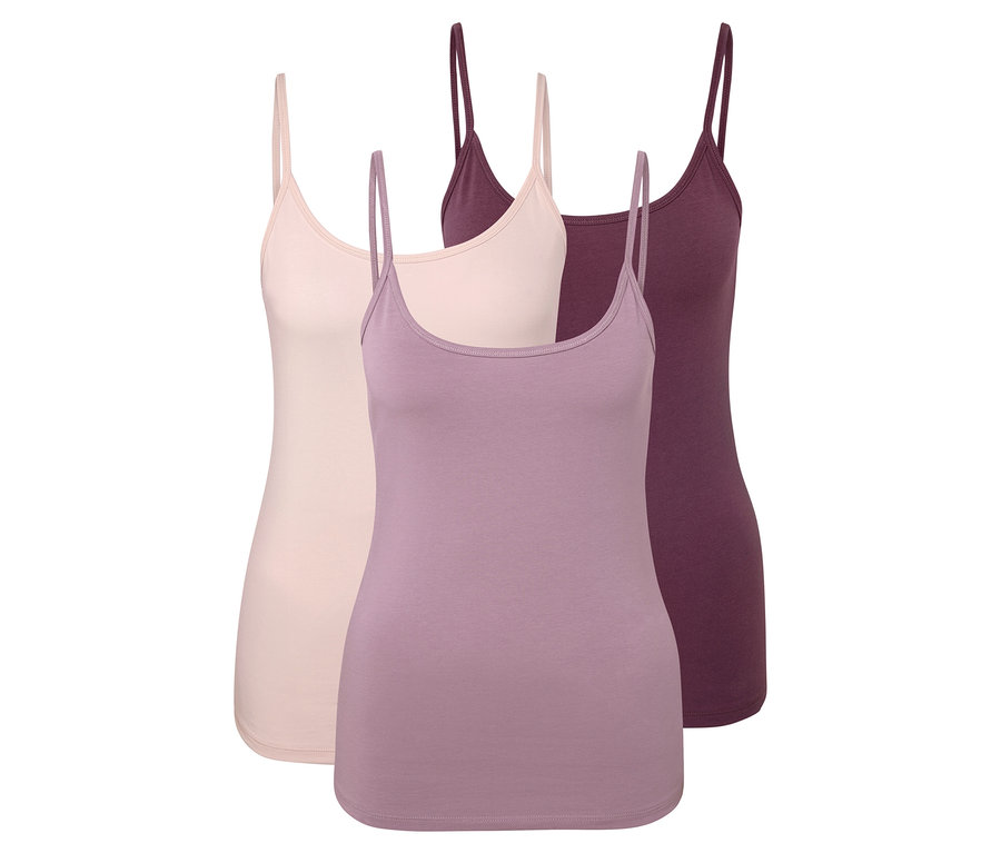 Drei Tanktops: rosa, lila und weinrot.