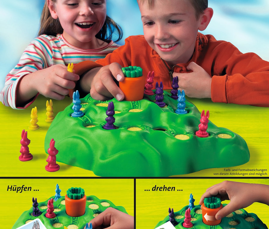 Kinder spielen das Brettspiel Ravensburger »Lotti Karotti« mit bunten Hasenfiguren auf einem grünen Spielfeld.