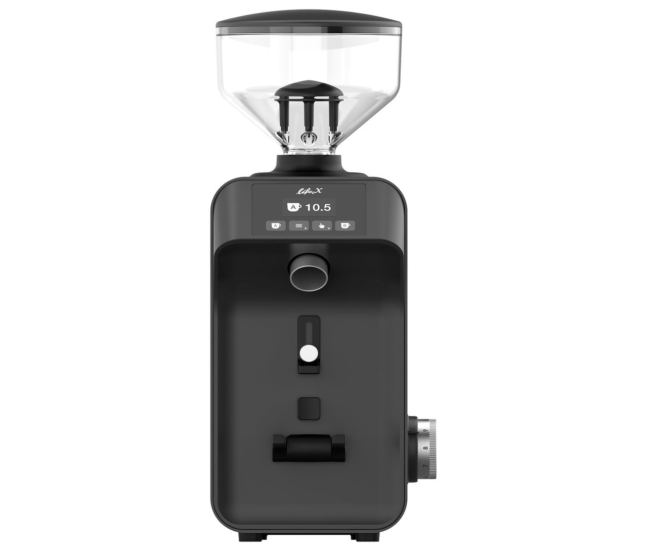 Nahaufnahme einer schwarzen Lelit X Kaffeemühle vor einem weißen Hintergrund.