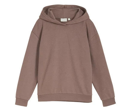 Der Tom Tailor Kinder-Oversized-Sweat-Hoodie mit Backprint ist in Braun auf dem Foto zu sehen.