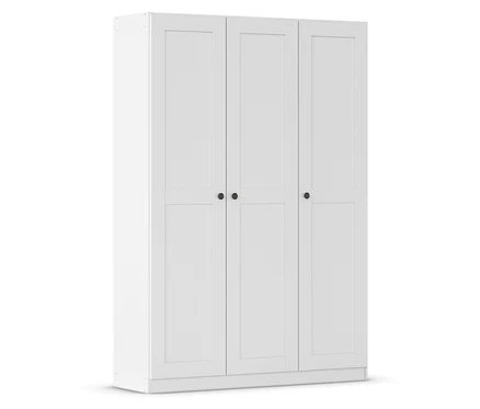 Weißer Kleiderschrank mit drei Türen und schwarzen runden Griffen.
