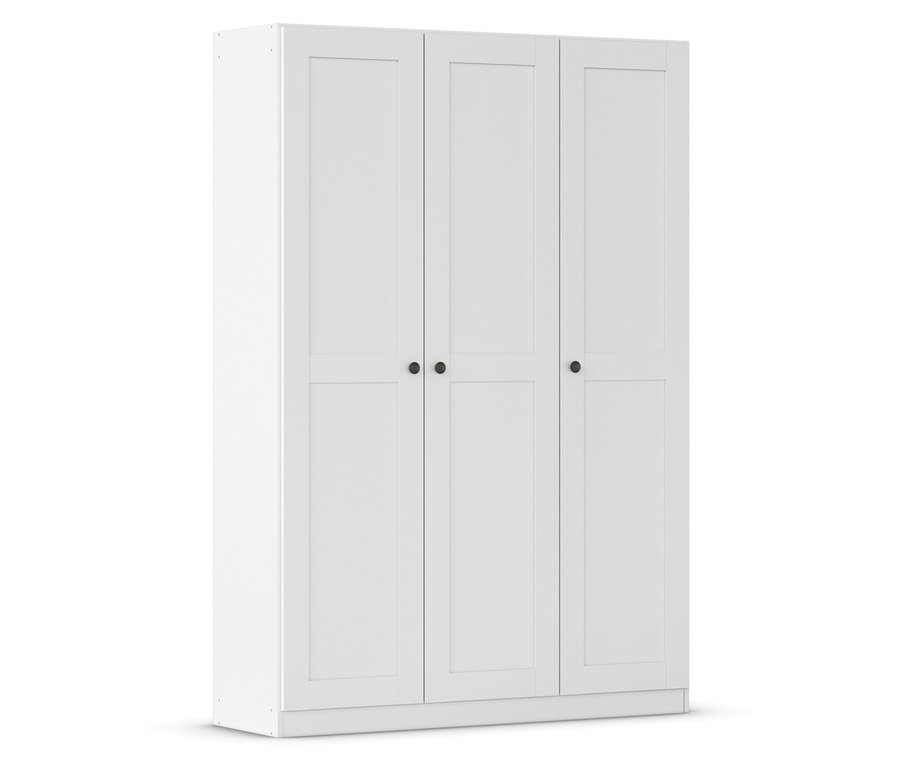 Weißer Kleiderschrank mit drei Türen und schwarzen runden Griffen.