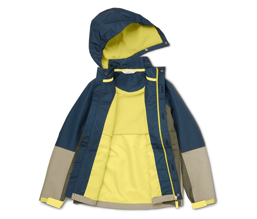 Geöffnete, blau-beige Kinderjacke mit gelbem Innenfutter und Kapuze.