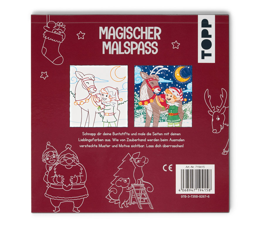 Cover des Zauberpapier-Malbuchs »Fröhliche Weihnachten« mit weihnachtlichen Illustrationen.