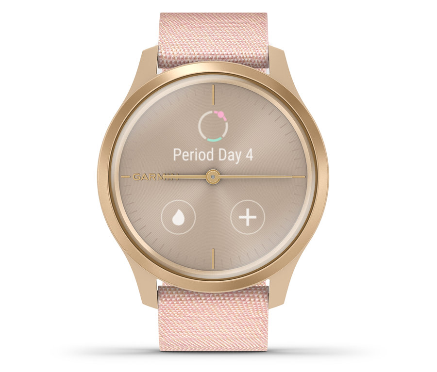 Nahaufnahme der Garmin Vivomove Style Smartwatch in Roségold/Weiß, die ein Display mit Menstruationszyklusdaten anzeigt.